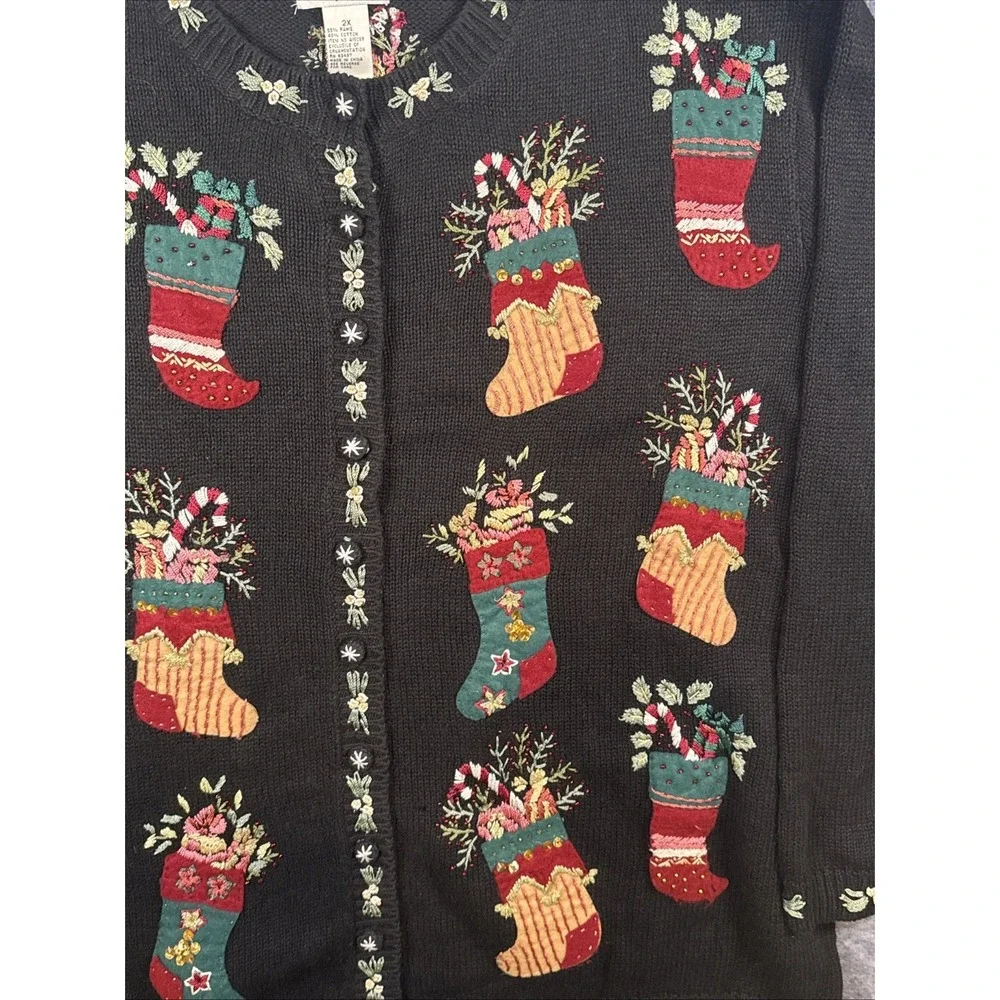 Vintage Stitches In Time Christmas Embroidered Cardigan Sweater Size‎ 2X Women